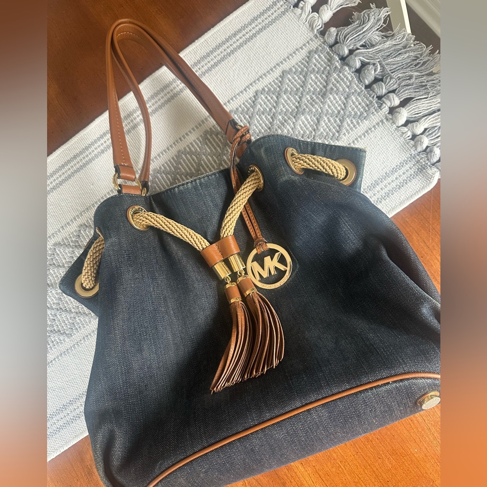 Michael Kors Denim  and Tan Shoulder Bag